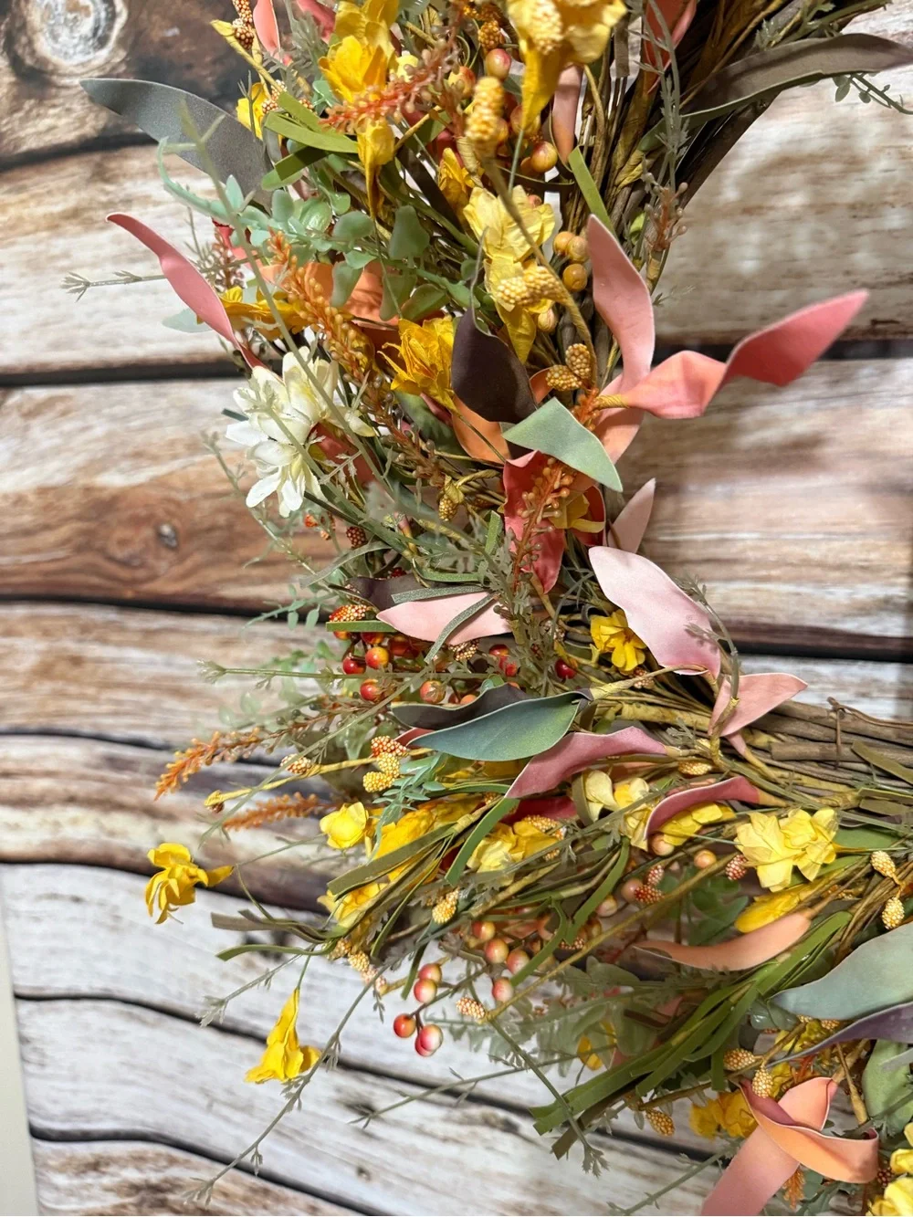 Autumn Flower & Berry Faux Floral Wreath - Yellow Orange & Pink